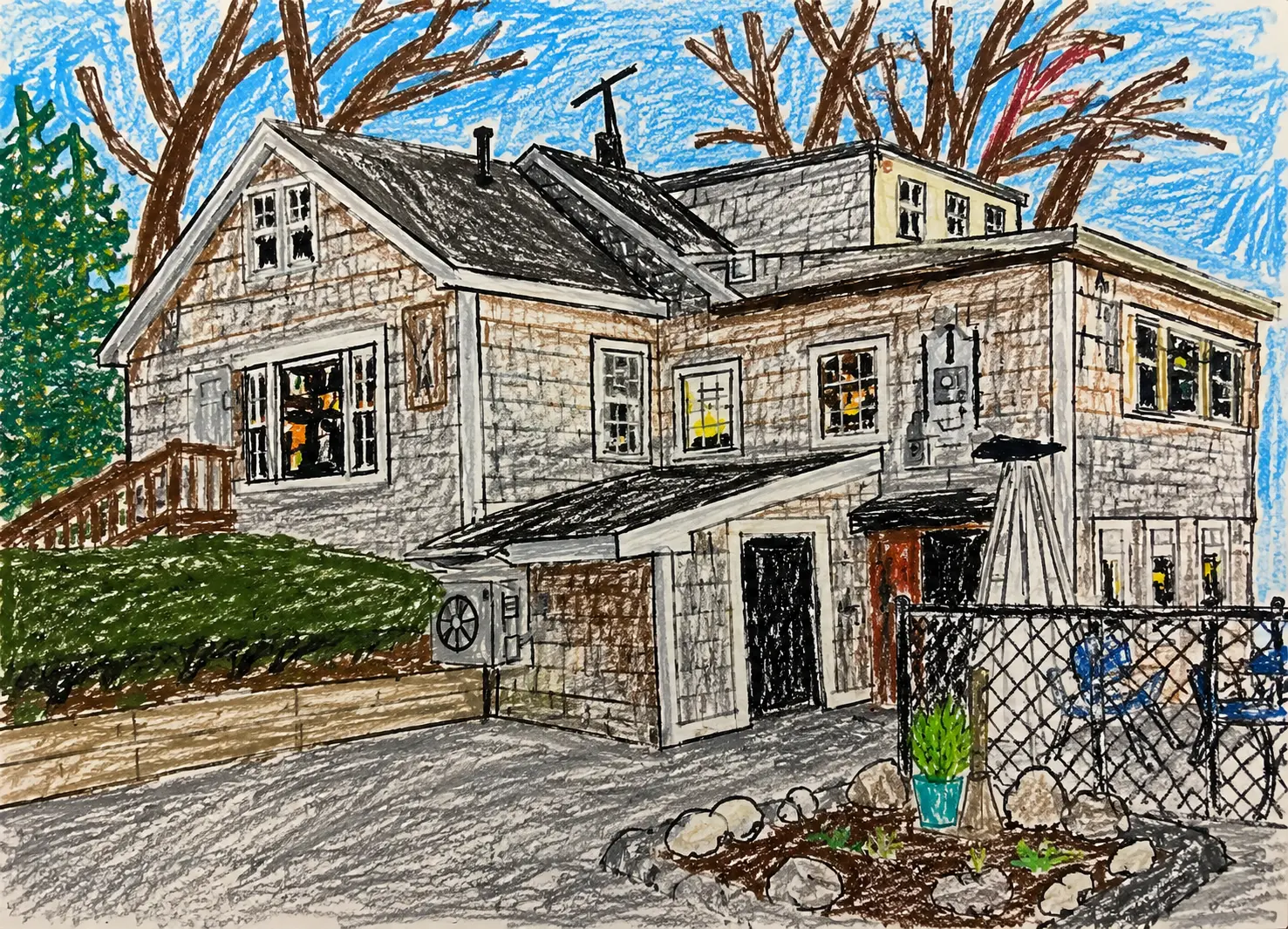 Child's crayon drawing of The Dudley Chateau