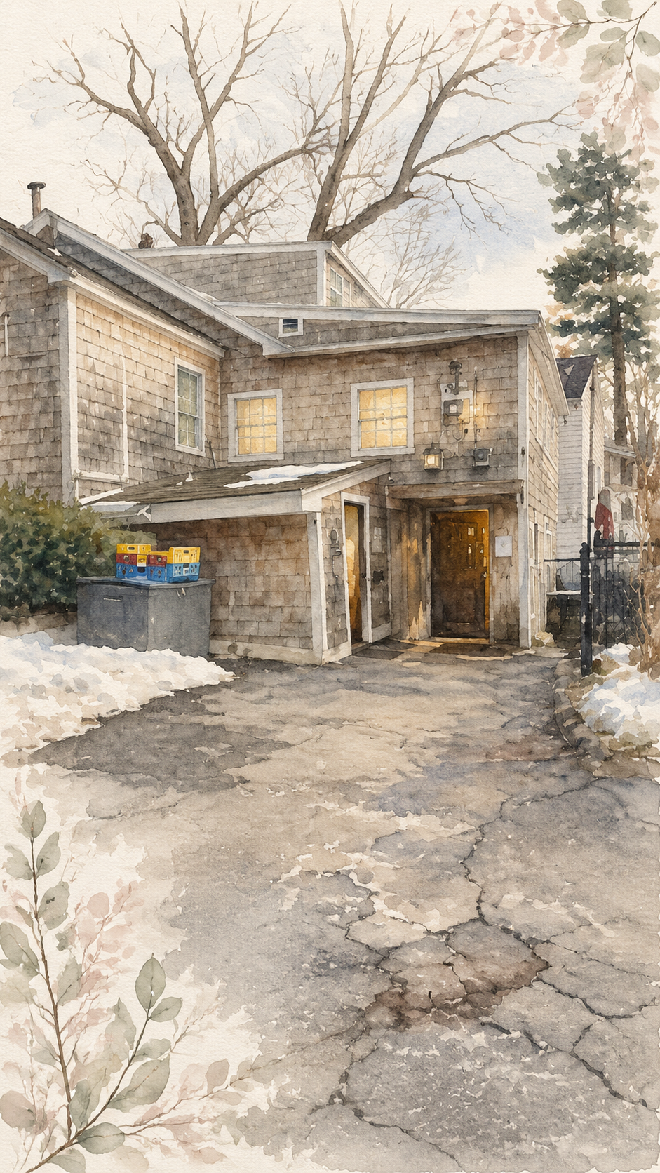 Watercolor illustration of The Dudley Chateau: a grey shingled building with warm lit windows, a snowy cracked parking lot, and bare winter trees.